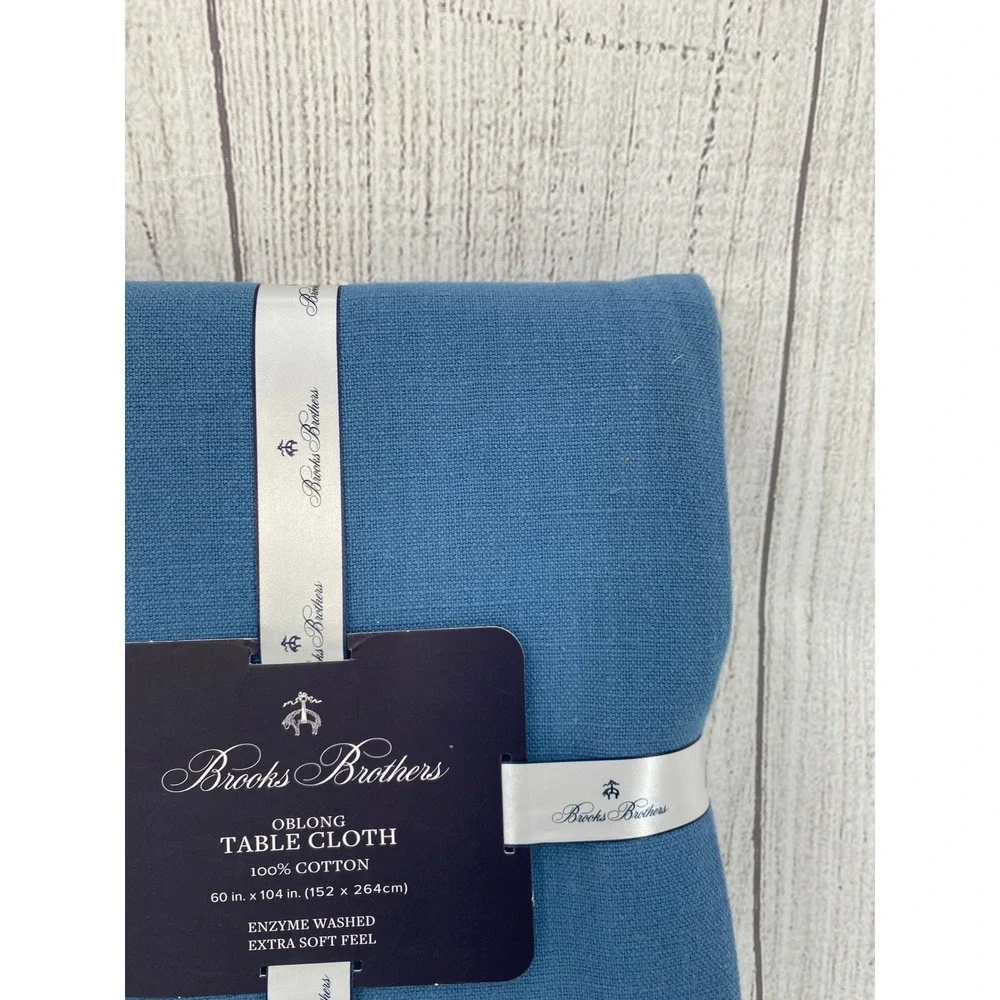 Brooks Brothers Tablecloth 60x104 Blue 100% Cotton Enzyme Washed Soft Oblong